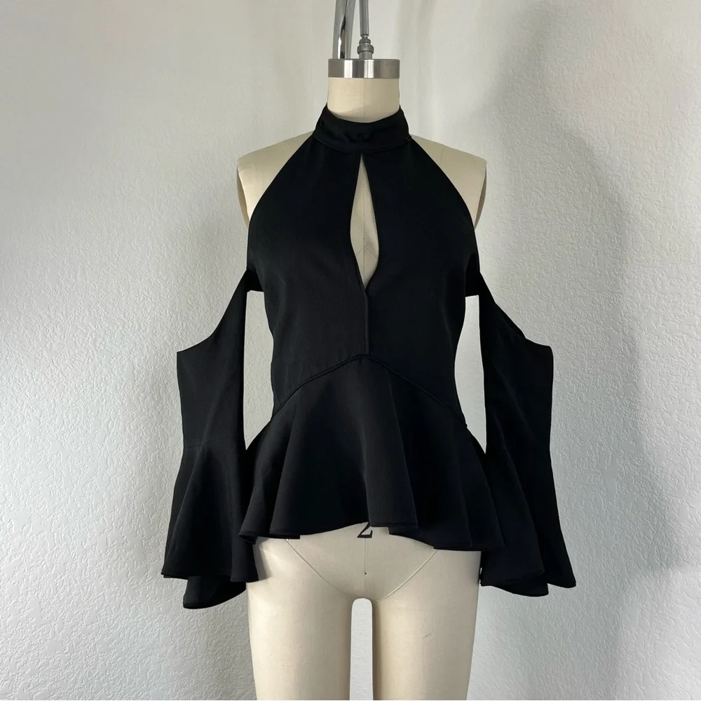 C/MEO COLLECTIVE Too Close Halter Bell Sleeve Cold Shoulder Black Top - Picture 2 of 12